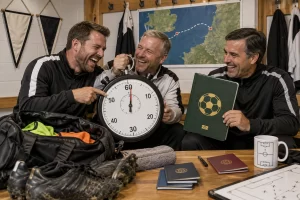Three fictional football coaches laugh in a changing room around a giant referee stopwatch and a football shaped travel document.