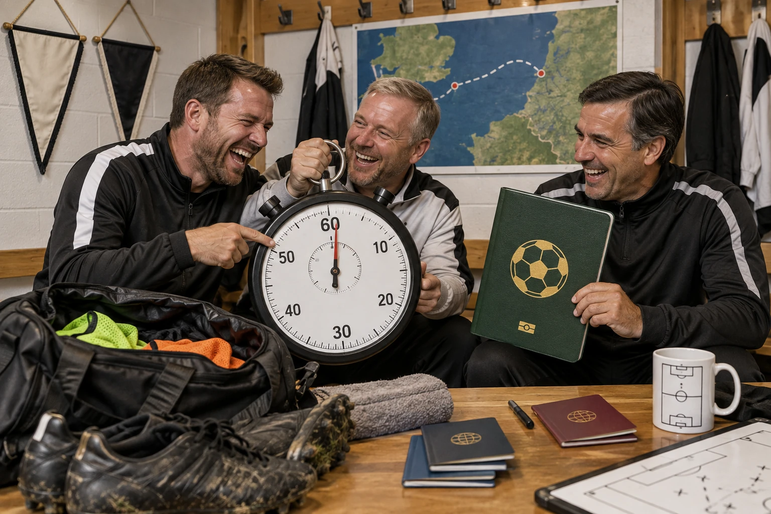 Three fictional football coaches laugh in a changing room around a giant referee stopwatch and a football shaped travel document.