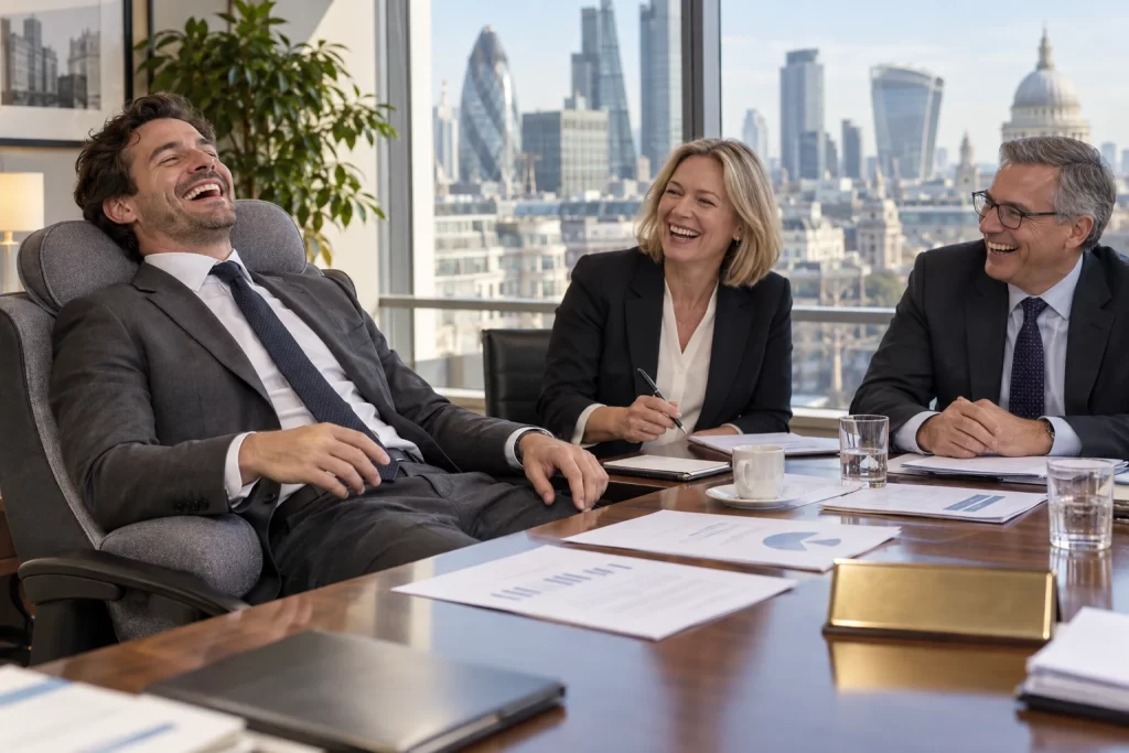 Three fictional laughing adults in a financial office watch a suited analyst recline on an oversized cushion beside consultation papers.