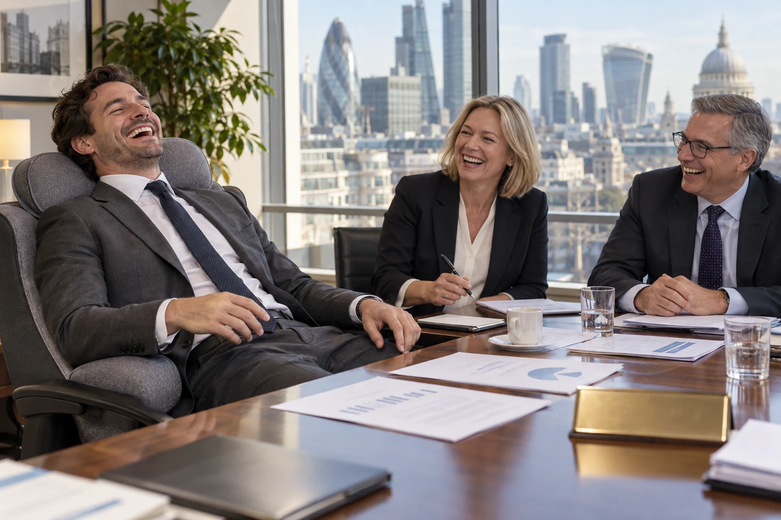 Three fictional laughing adults in a financial office watch a suited analyst recline on an oversized cushion beside consultation papers.
