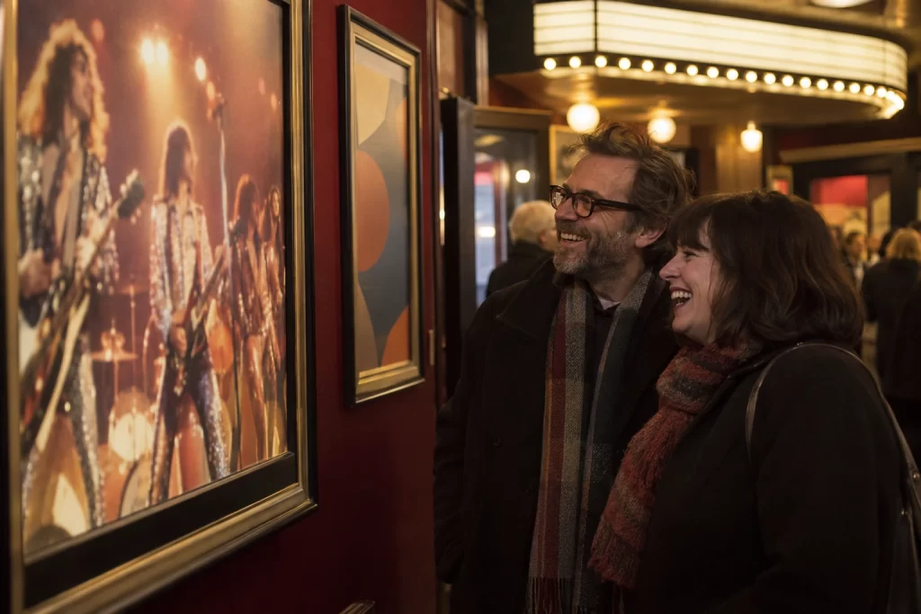 Two cinema goers laughing at an abstract framed glam rock performance still