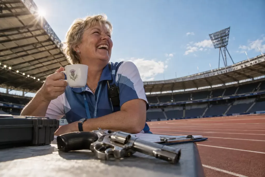 Original editorial photograph of a laughing athletics volunteer holding a starting pistol and teacup for Glasgow Commonwealth Games