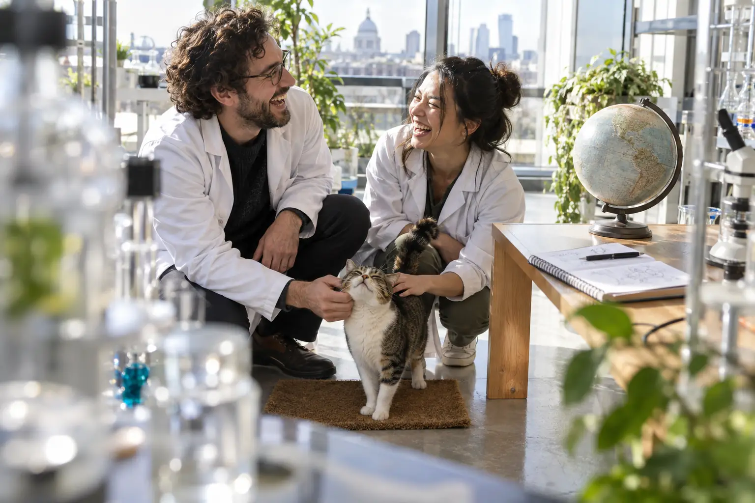 Original editorial photograph of two laughing adults beside a blank welcome mat and small laboratory globe for Global Talent visa expansion