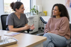 A smiling healthcare professional talks with a smiling adult patient in a bright clinic consultation room.