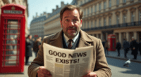 Bewildered British man staring at a newspaper headline that reads “Good News Exists!”. In the background, a red phone booth and a pigeon look equally confused.