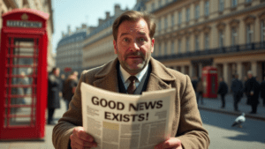 Bewildered British man staring at a newspaper headline that reads “Good News Exists!”. In the background, a red phone booth and a pigeon look equally confused.