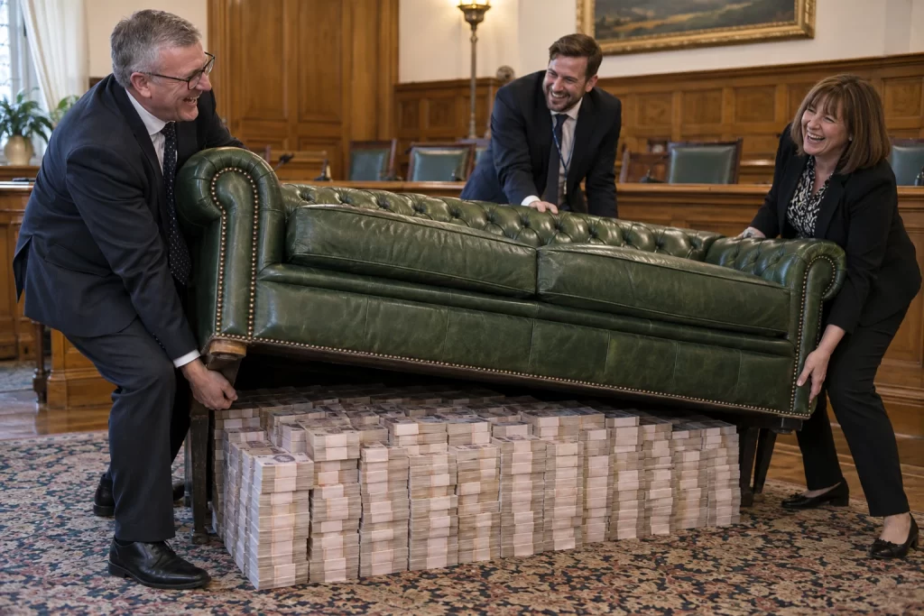 Three laughing public sector officials lift a green leather sofa to reveal a large stack of blank note shapes.