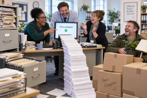 Four fictional adults laugh around an AI form terminal as it prints an enormous stack of paperwork beside moving boxes.