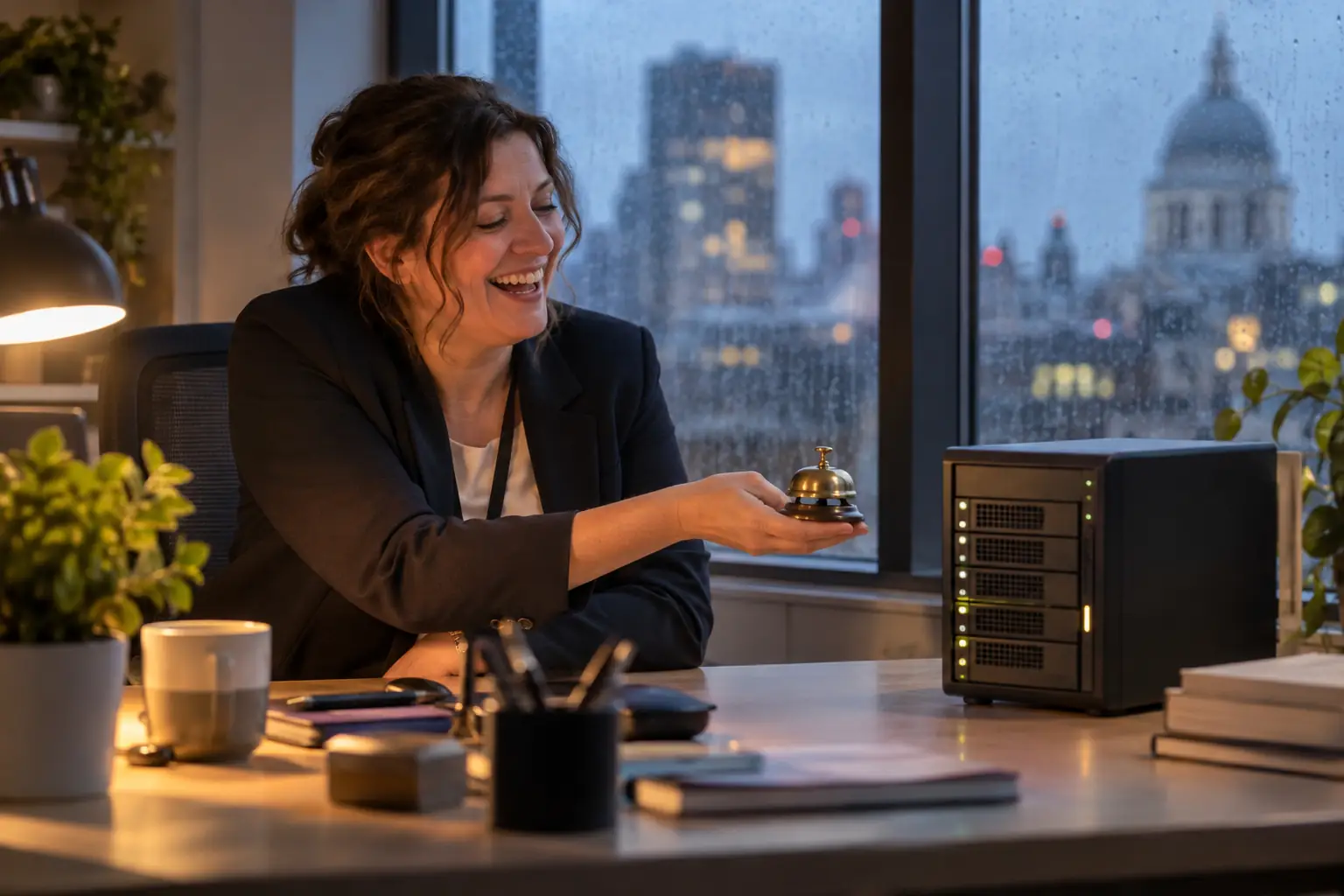 Original editorial photograph of a laughing technologist offering a desk bell to a small server for the government AI Taskforce