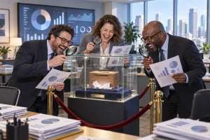 Three fictional government analysts laugh around a comment box displayed in a glass case, holding charts and magnifying glasses.