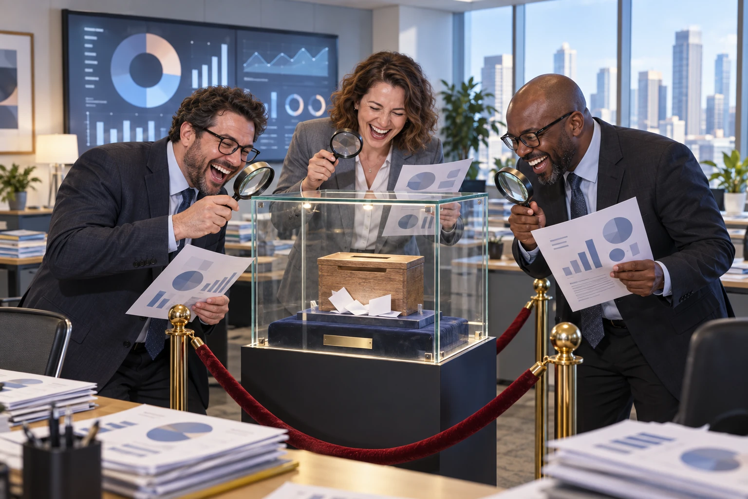 Three fictional government analysts laugh around a comment box displayed in a glass case, holding charts and magnifying glasses.
