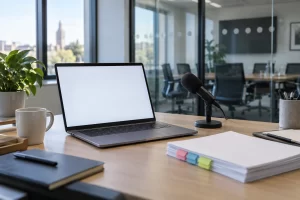 A microphone and blank laptop screen sit beside a stack of briefing pages in a bright communications office.