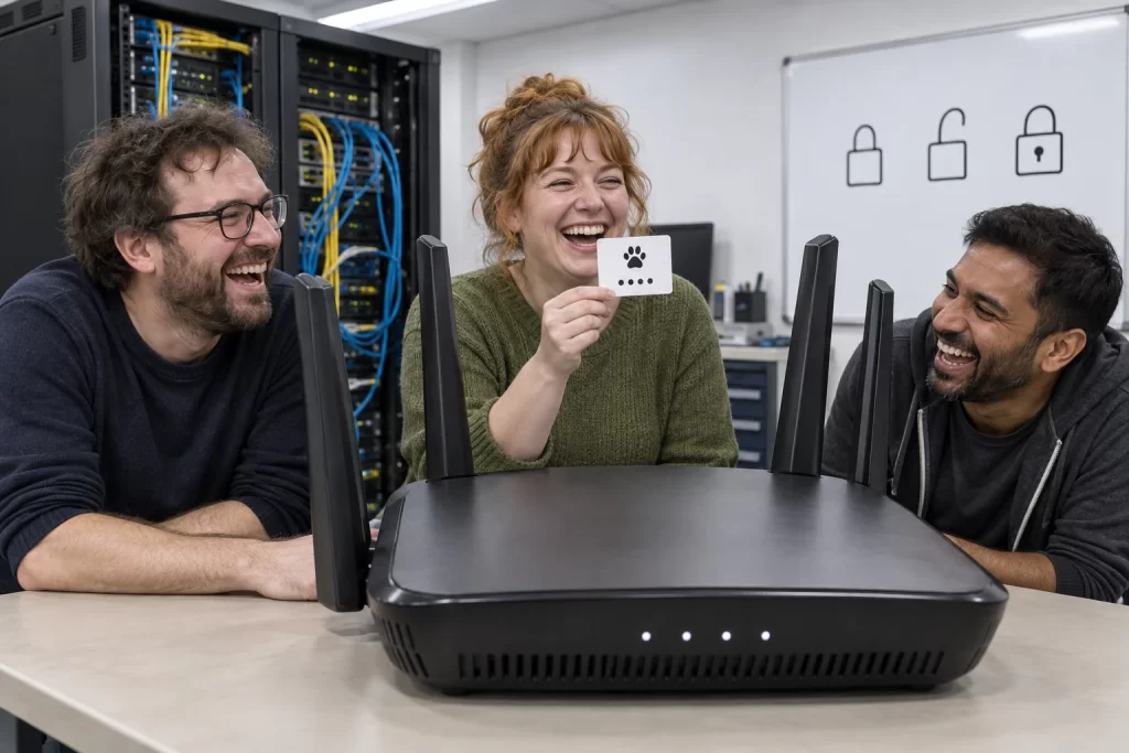 Three fictional public sector cyber workers clearly laughing around an oversized Wi Fi router in a government technology office.