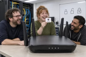 Three fictional public sector cyber workers clearly laughing around an oversized Wi Fi router in a government technology office.