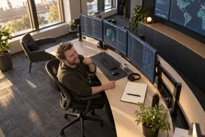 One laughing adult cyber analyst is seen from above at a curved desk in a modern public-sector operations room with generic, unreadable dashboards.