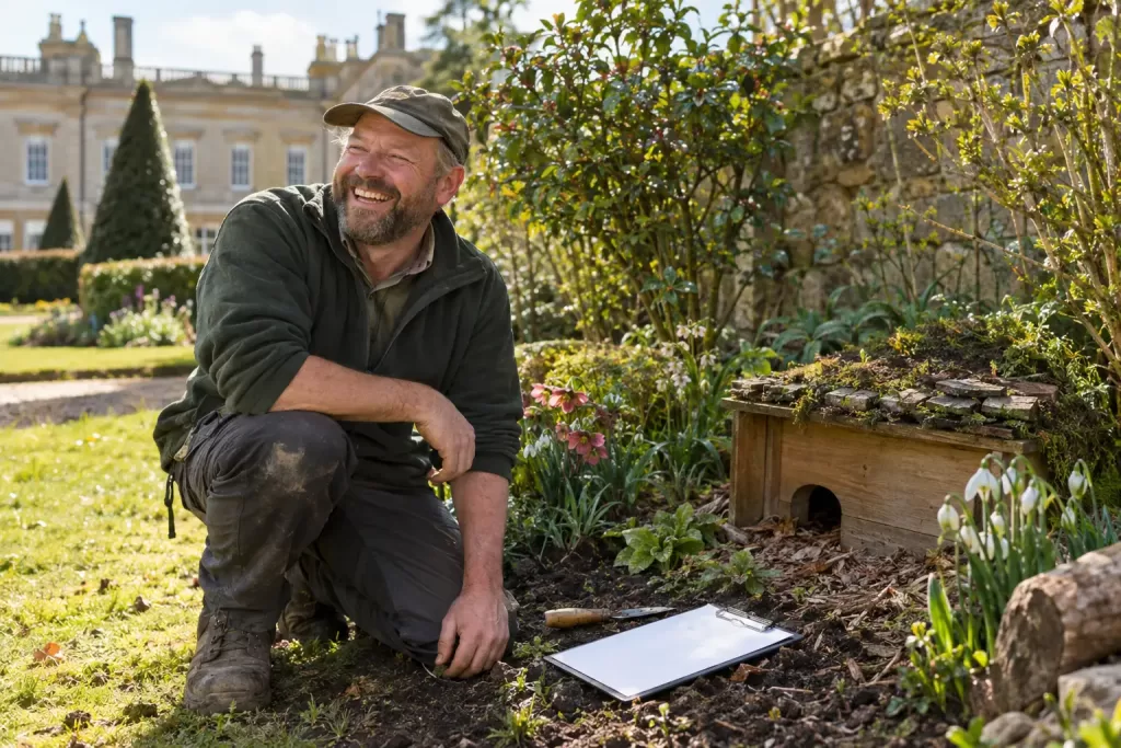 Original editorial photograph of a laughing groundskeeper with a clipboard beside a hedgehog habitat for Government Estate Nature Plan