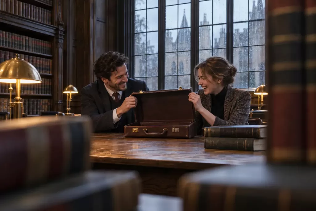 Original editorial photograph of two laughing adults in a rainy law library holding a blank briefcase for the government lawyers diversity summer scheme