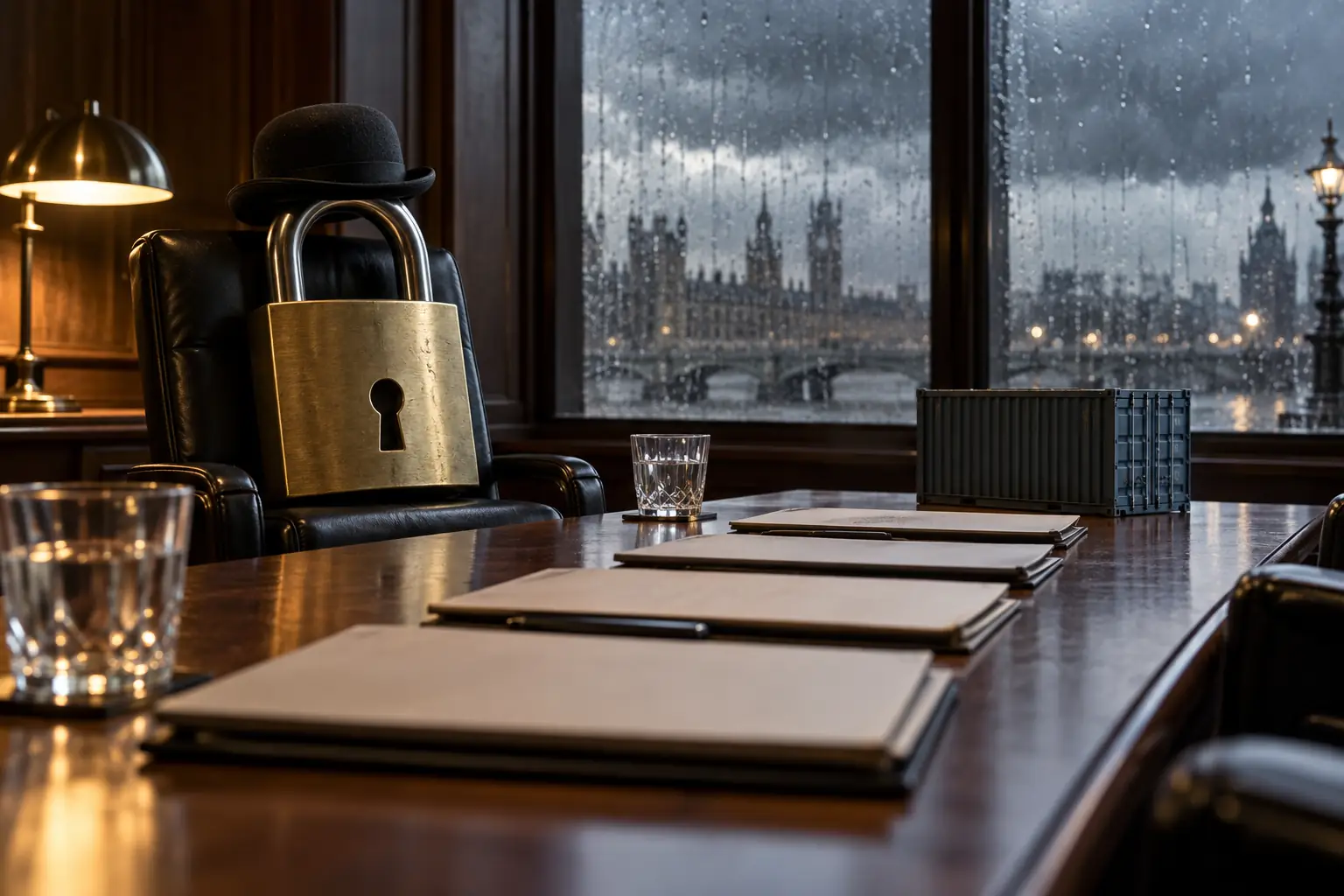 Brass padlock in a boardroom chair for fictional government procurement national security editorial photograph