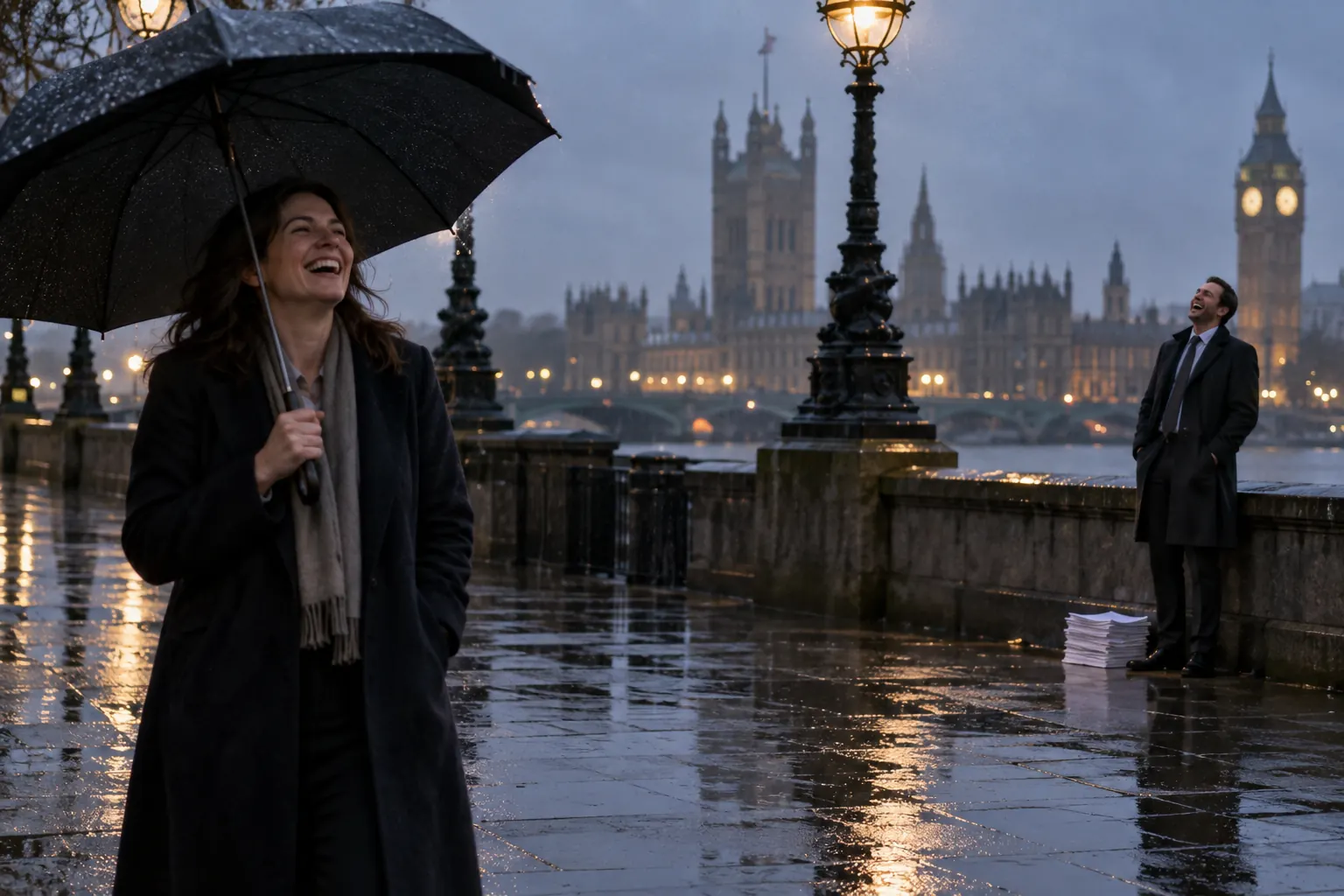 Two laughing policy advisers at fictional government progress results update 2026 Westminster scene