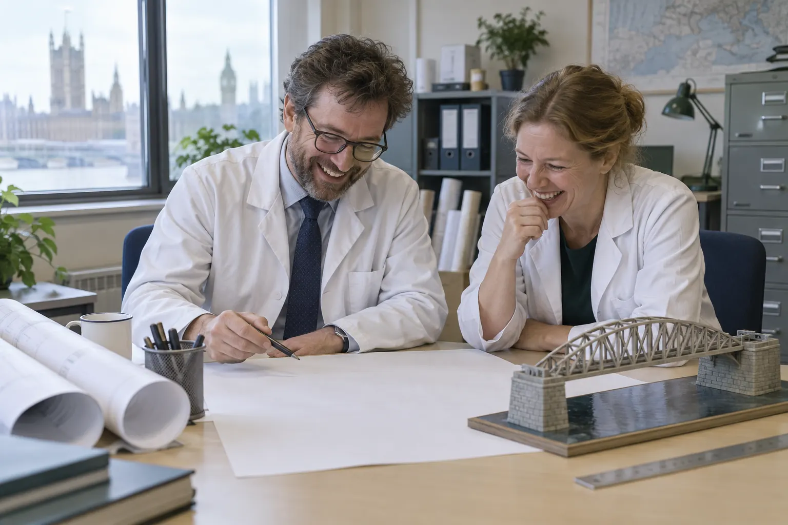 Two laughing scientists for government science engineering strategy 2026