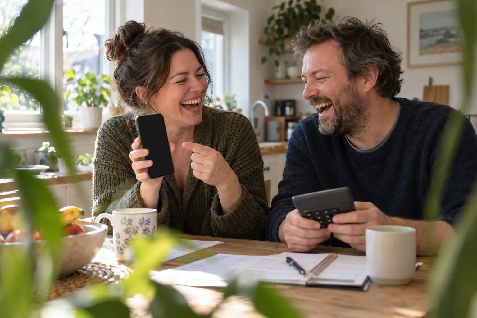 Two laughing adults at fictional GOV.UK Chat launch 2026 kitchen table