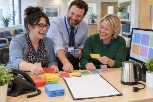Three fictional adult healthcare administrators laugh while arranging coloured symptom cards and a blank online consultation form in a GP office.
