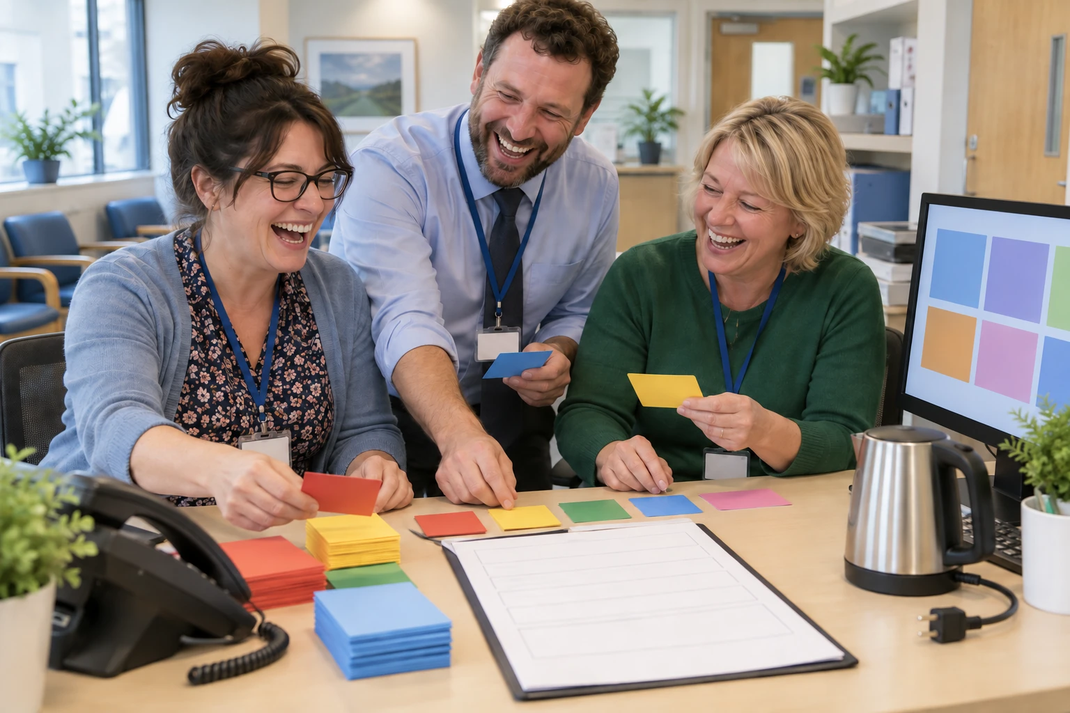 Three fictional adult healthcare administrators laugh while arranging coloured symptom cards and a blank online consultation form in a GP office.