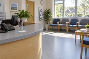 An empty general practice reception desk with a telephone faces a row of chairs in a sunlit waiting room.
