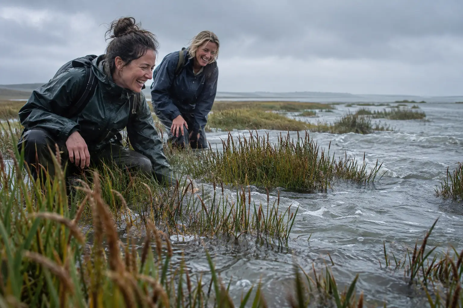 Original editorial photograph of two laughing women in waterproofs watching the tide return across a saltmarsh on a rainy day, with no other people