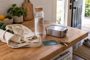 A reusable water bottle, cotton shopping bag, steel lunch container, transit card and keys rest on a bright kitchen counter.