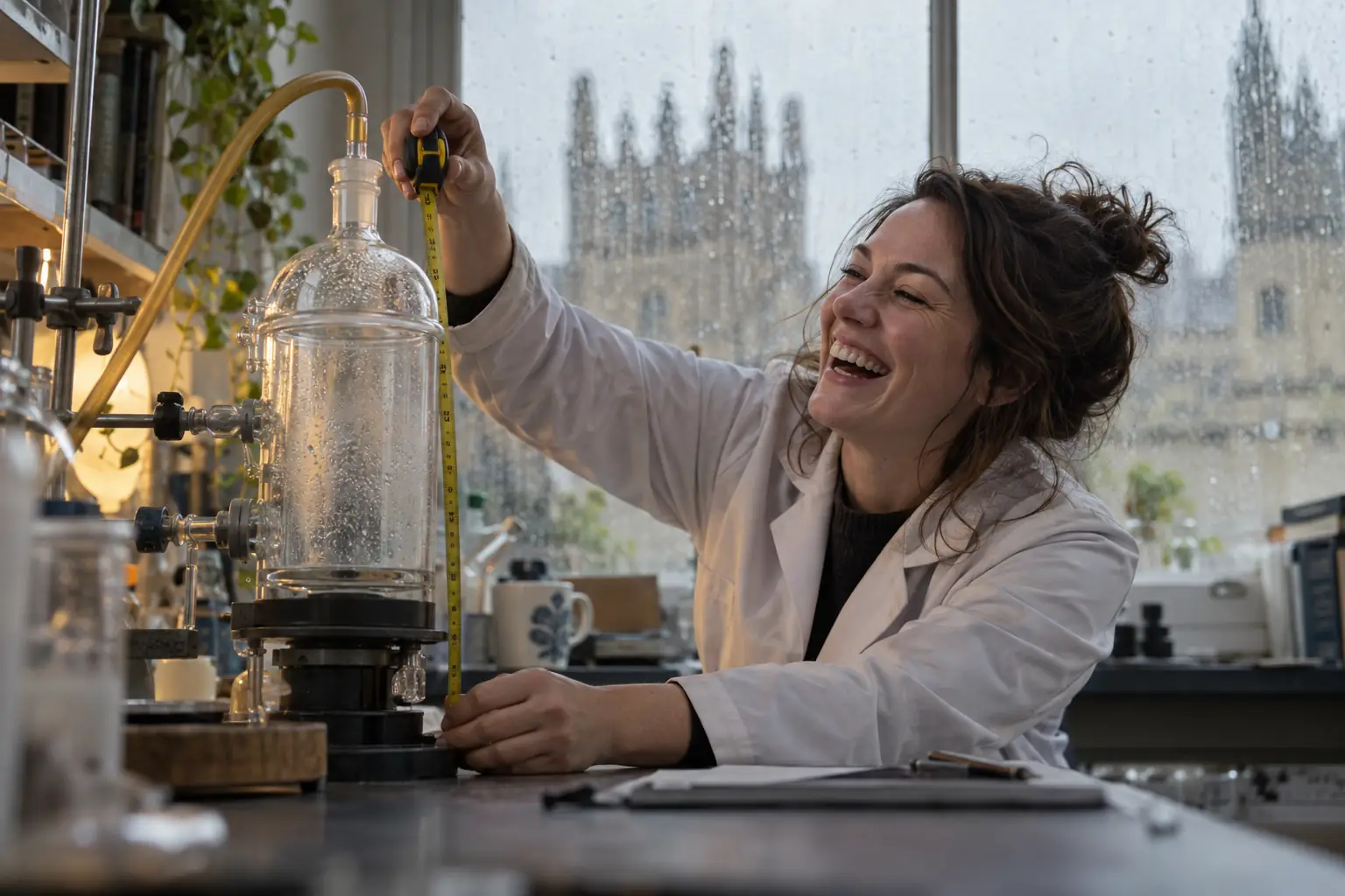 Original editorial photograph of a laughing researcher with a measuring tape beside a vacuum device for greenhouse gas removals response