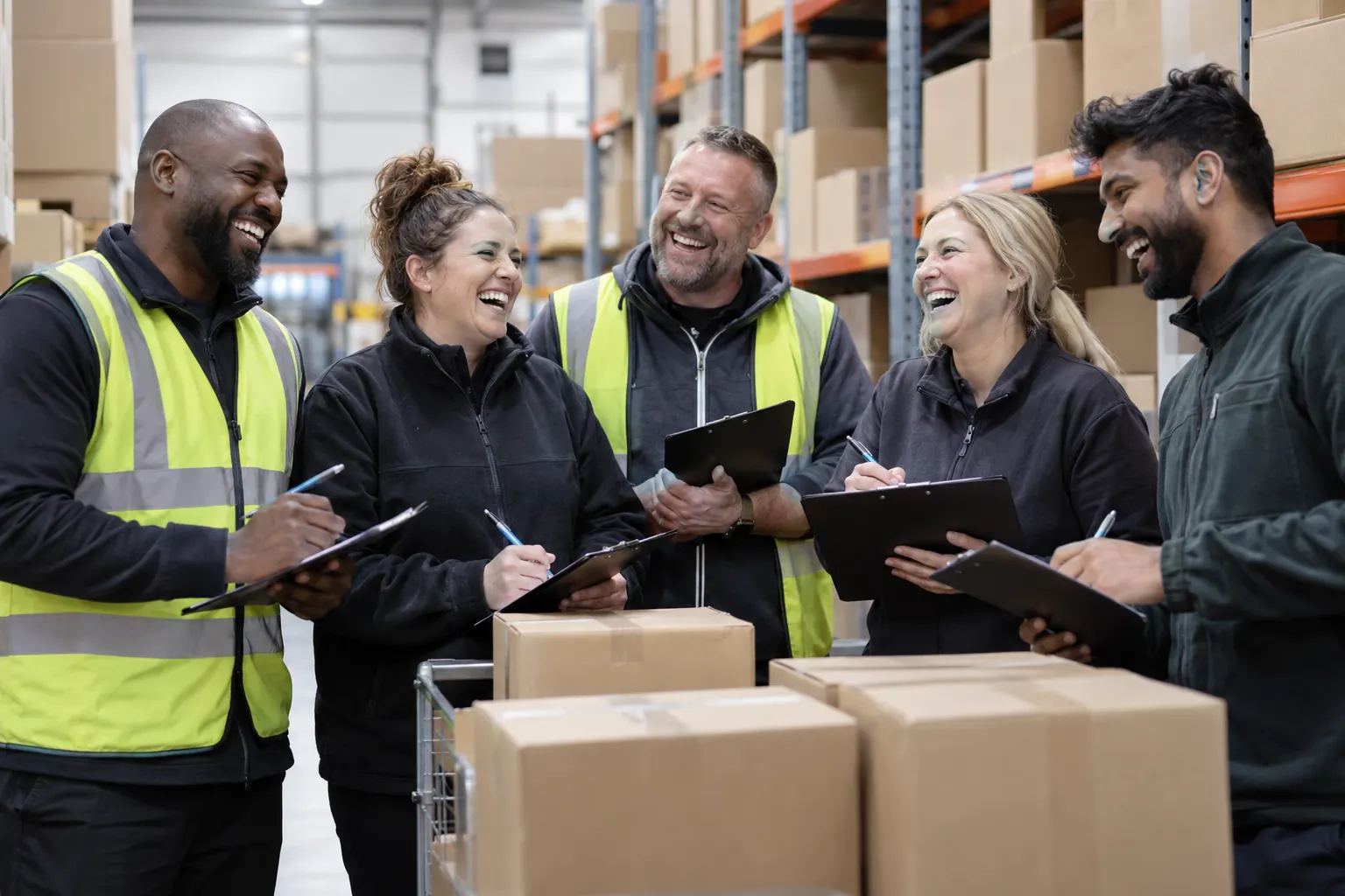 Five laughing adult grocery suppliers and warehouse workers complete a survey beside plain boxes.