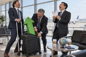 Three laughing business officials try to close a suitcase around a large green growth arrow in an airport lounge.