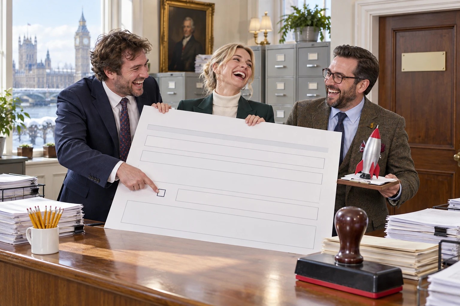 Three fictional adult entrepreneurs laugh around a reception table while examining an enormous blank government form beside a miniature rocket shaped business plan.