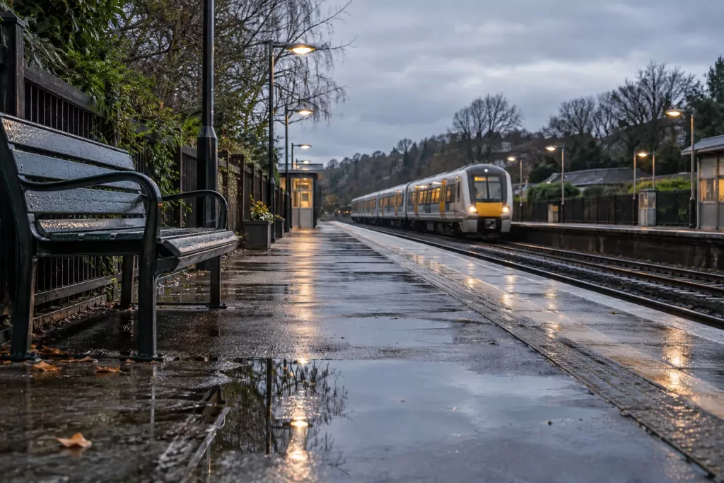 Empty wet railway platform for fictional GTR public ownership transfer 2026 editorial image