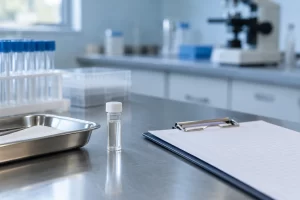 An unmarked sample vial, steel tray and clipped blank grid sheet rest in a quiet laboratory.