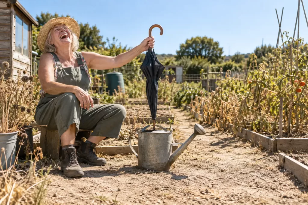Original editorial photograph of a laughing gardener with a closed umbrella for Hampshire prolonged dry weather 2026