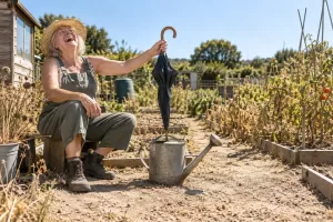 Original editorial photograph of a laughing gardener with a closed umbrella for Hampshire prolonged dry weather 2026