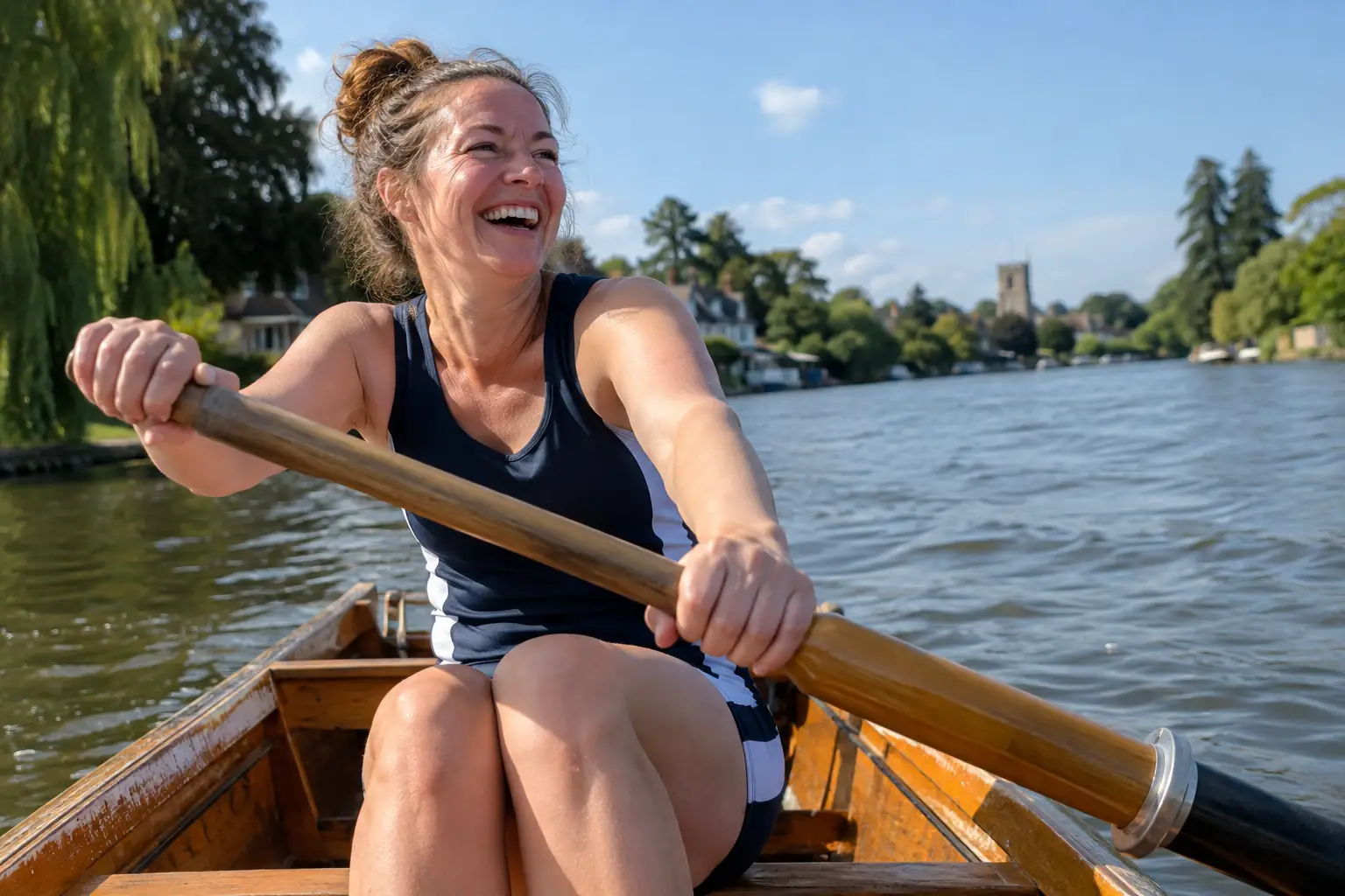 Original editorial photograph of a laughing rower holding an oar on the Thames for Hampton Court Dittons Regatta