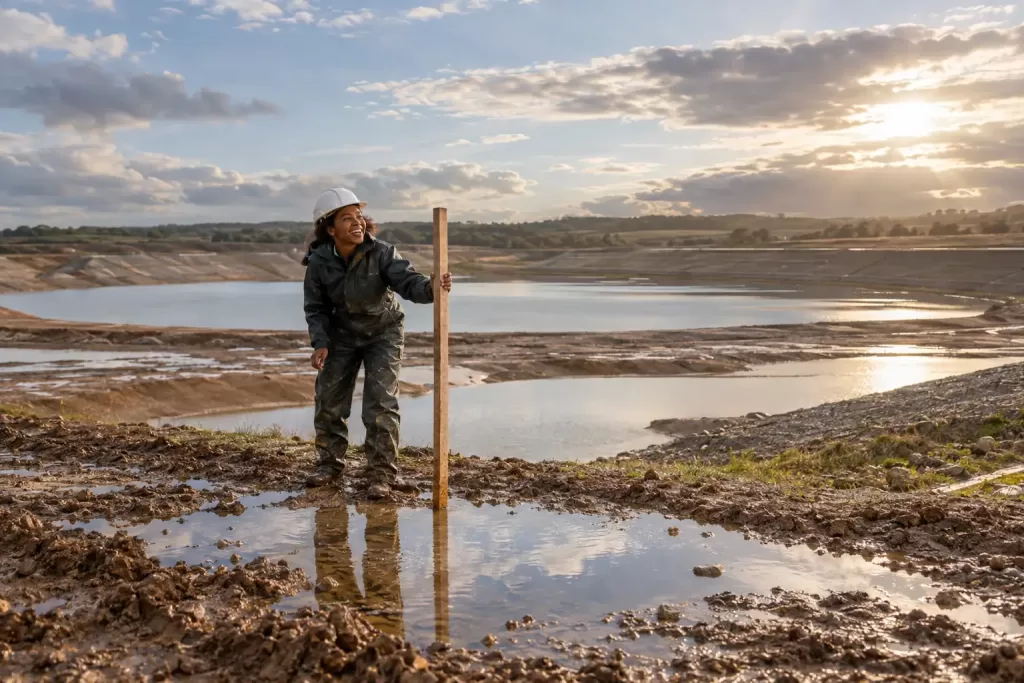 Original editorial photograph of one laughing Black woman civil engineer holding a plain wooden survey staff beside a puddle at a sunlit reservoir construction basin, with no logos or text