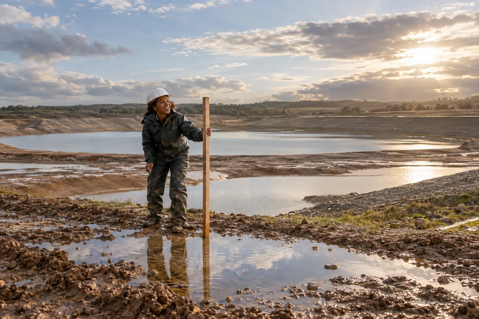 Original editorial photograph of one laughing Black woman civil engineer holding a plain wooden survey staff beside a puddle at a sunlit reservoir construction basin, with no logos or text