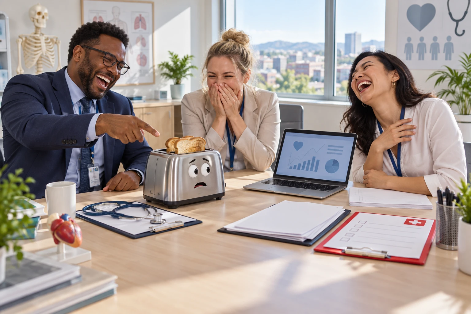 Three fictional healthcare policy workers clearly laugh as a toaster sits beside a medical consultation clipboard.