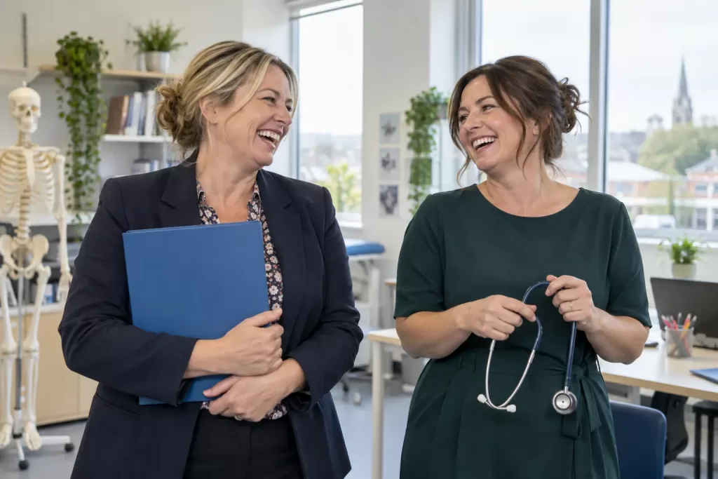 Two laughing advisers for healthcare careers deprived areas