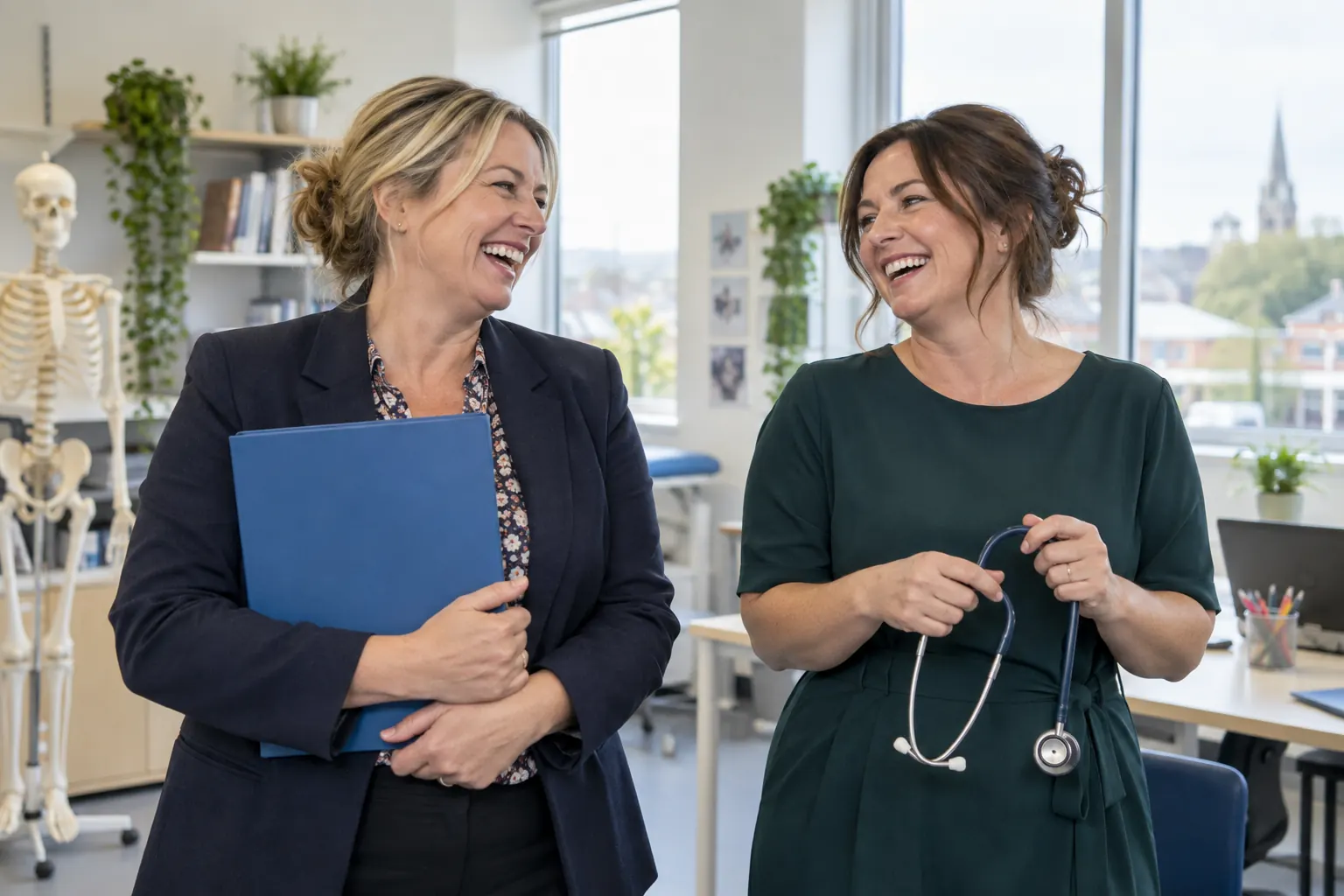 Two laughing advisers for healthcare careers deprived areas