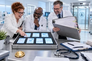 Three fictional healthcare regulators laugh while inspecting seven tablet screens and an evidence folder.