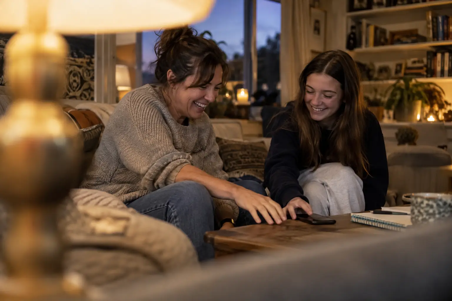 Laughing parent and teenager in fictional healthy screen use guidance children 2026 editorial photograph
