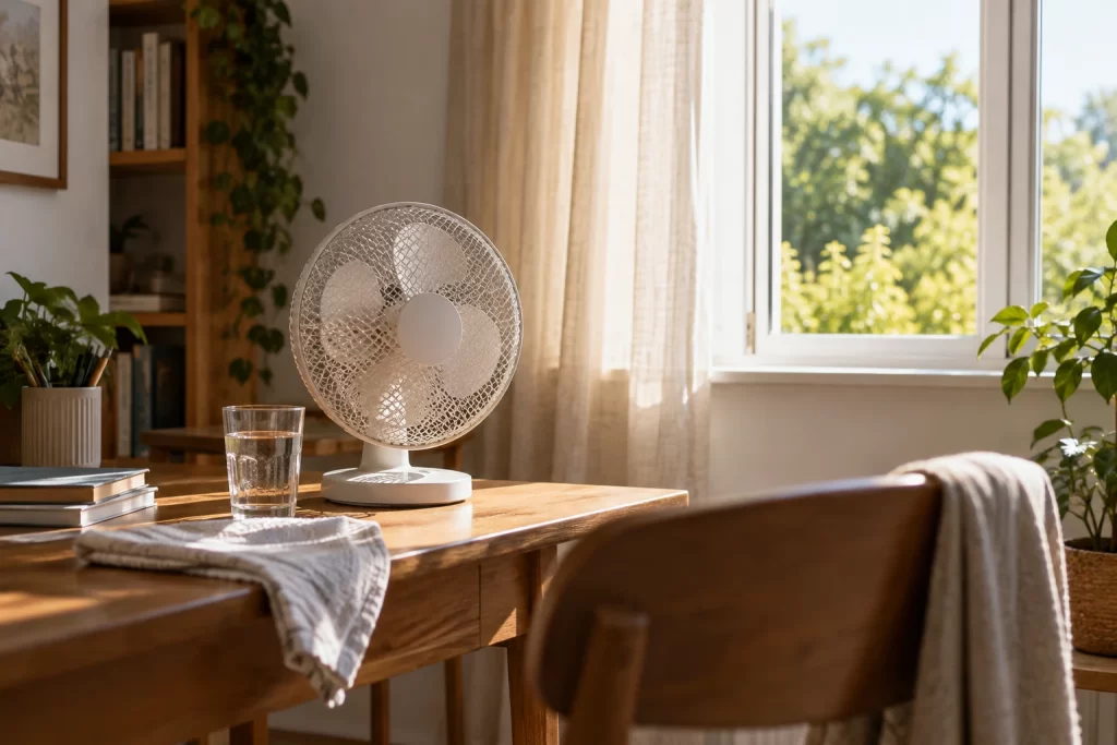 A small desk fan sits beside a glass of water in a bright home office on a warm summer day.