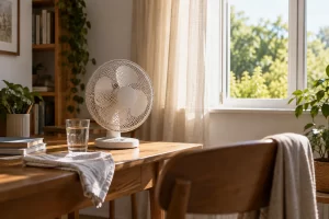 A small desk fan sits beside a glass of water in a bright home office on a warm summer day.