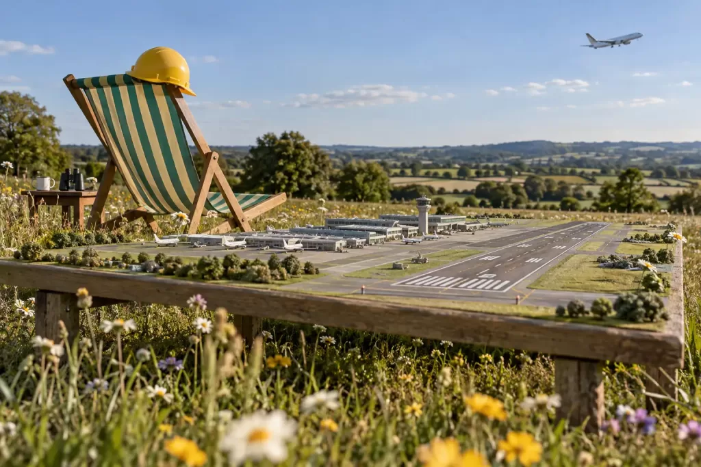 Tiny airport model and deckchair for fictional Heathrow expansion consultation 2026 editorial photograph