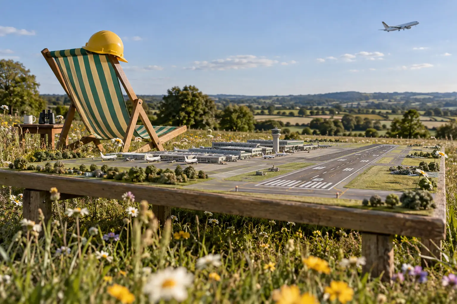 Tiny airport model and deckchair for fictional Heathrow expansion consultation 2026 editorial photograph
